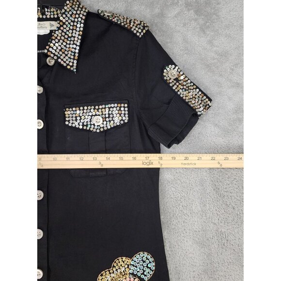 Free For Humanity Shirt Womens Small Black Sequined Button Up Short Sleeve Retro - Picture 4 of 9